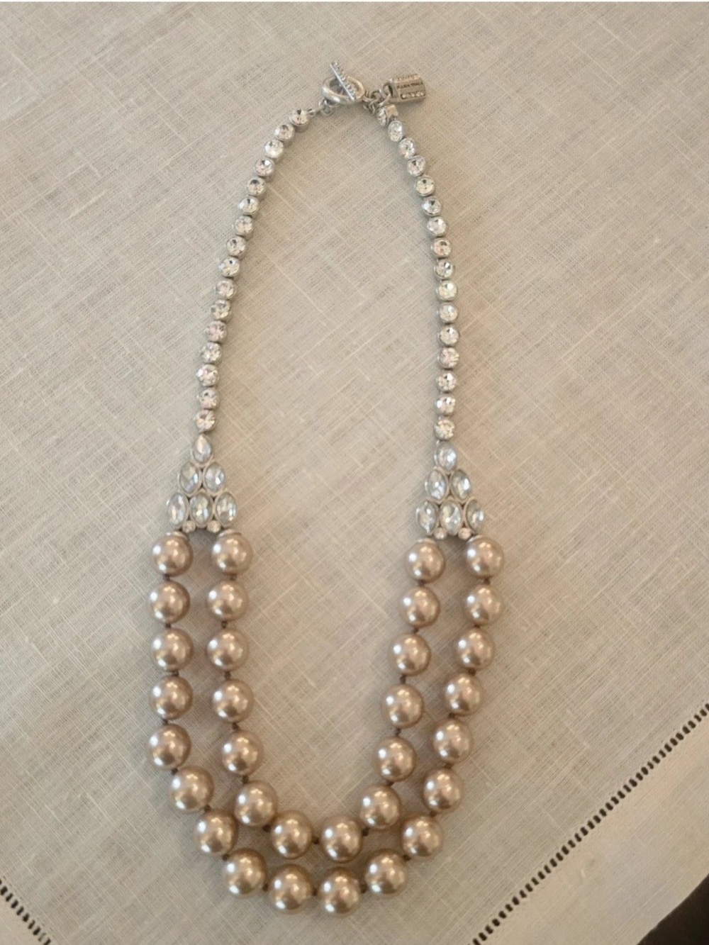 Vintage Ellen Tracy Double-Strand Pearl & Crystal Necklace - Champagne & Silver